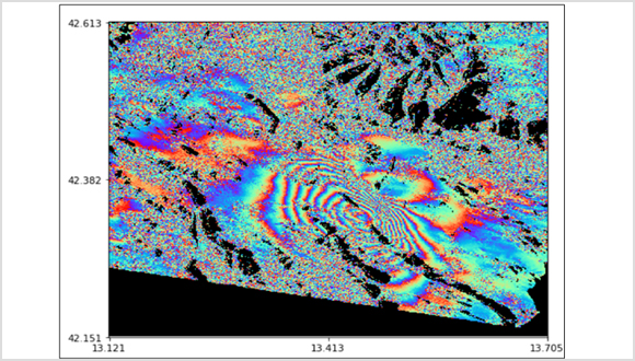 InSAR image of the L’Aquila Italy 2009 earthquake. Changes in color indicate ground movement during the earthquake.