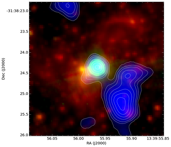 התמונה מתוך המאמר של פרופ' בק מציגה את הכוכבים הישנים של NGC 5253  (באדום), צביר הכוכבים הצעיר (כחול בהיר), ובכחול כהה את הגז המולקולרי נופל אל תוך צביר הכוכבים, שהוא הדלק להולדתם של כוכבים נוספים.